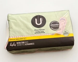 U by Kotex-Clean & Secure Ultra Thin Regular Pads-44 Count-Absorbs Instantly-New - Picture 1 of 4
