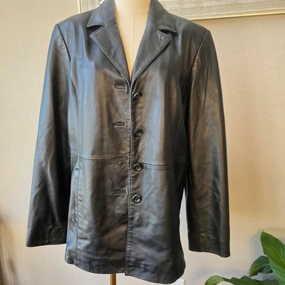 Chaqueta Blazer Croft & Barrow Cuero Piel de Cordero Negra Botón Frontal Mujer Grande Foto 1 de 4