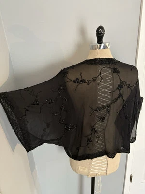 Kimono vintage anos 80 com miçangas de seda transparente top eduardiano vitoriano gótico boho flapper - Imagem 1 de 4