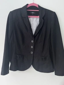 M & S size 16 black Linen Mix Short Fitted Blazer Jacket Buckles On Pockets - Picture 1 of 9