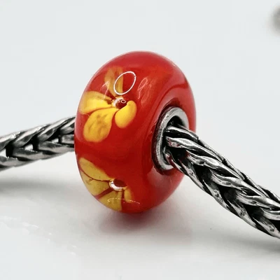 TROLLBEADS Opaque Coral Red Orange w Yellow Flowers LAA NEW! - Image 1 of 4