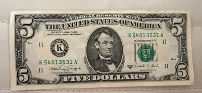 1988A Series $5 US Banknote S# K 54013531 A, K11-Dallas Texas district - Image 1 of 2