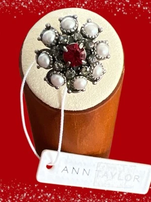 Ann Taylor Silver Tone/Red/Faux Pearls/AB Rhinestone Ring-Size 5-NWT - Image 1 of 2