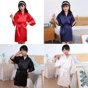 Girls Satin Sleepwear Kids Nightgown Dressing Set Kimono Robe Bathrobe Gown - Picture 1 of 16