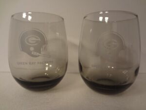 Green Bay Packers Smoked Etched Wine Glasses Vintage