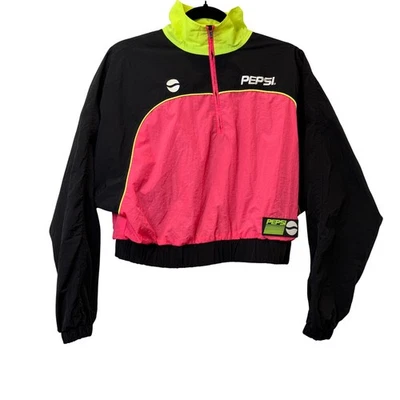 Chaqueta Pullover Cortavientos Forever 21 X Pepsi Recortada, Negro Rosa Neón Foto 1 de 4