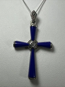 VTG 925 Sterling Sil Lapis Lazuli Marcasite Cross Religious Pendant W/necklace - Picture 1 of 10