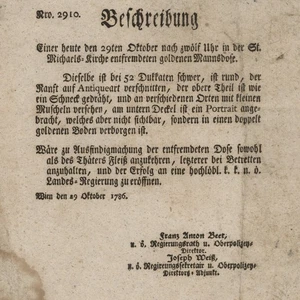 Diebstahlanzeige Schnupftabakdose 1786 Aushang Polizei Wien - Picture 1 of 3