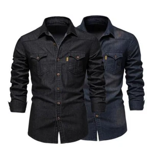 Mens Casual Denim Shirt Long Sleeve Button Down Slim Fit Cowboy Jean Work Shirts - Picture 1 of 10
