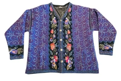 Knitted Wool Cardigan Women XLarge Purple Swirls Waves Raised Flowers Button Up - Image 1 of 4