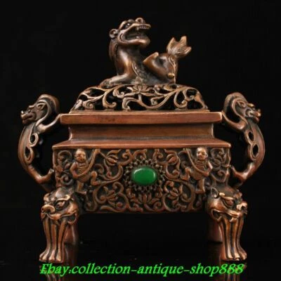 6" Antiguo Chino Bronce Puro Incrustación Gemas Dragón León Bestia Quemador Incienso Censario Foto 1 de 4