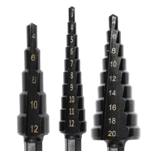 Step Drill Bit Set 3 Pieces, Titanium Coated for Wood & Metal Hole Cutter - 3-12 - Picture 1 of 8