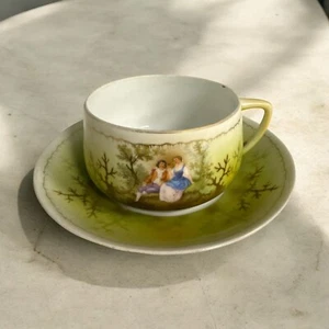 Antique RUSSIAN Courting Girl and Boy GOLD TRIM TEACUP  SAUCER Numbered - Picture 1 of 12