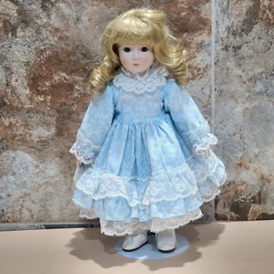 VTG Porcelain Doll Blonde Curly Hair Blue Eyes Light Blue Dress White Lace Trim - Picture 1 of 16