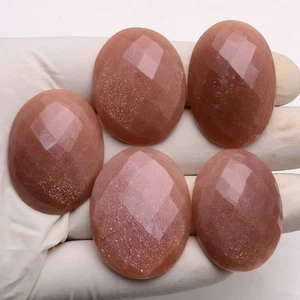 Set 5 Pcs Natural Peach Moonstone Hi-Grade 33mm-36mm Oval Checker Cut Gemstones - Picture 1 of 8
