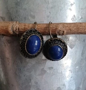 Vintage Brass Earrings With Faux Lapis Lazuli Blue Cabochon Stone Leverback Hook - Picture 1 of 9