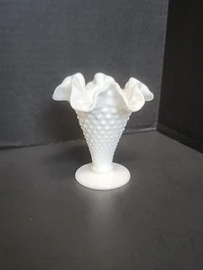 Vintage Fenton Cone Trumpet Vase Ruffled Crimped Hobnail 3.5" Milk Glass White - Picture 1 of 23