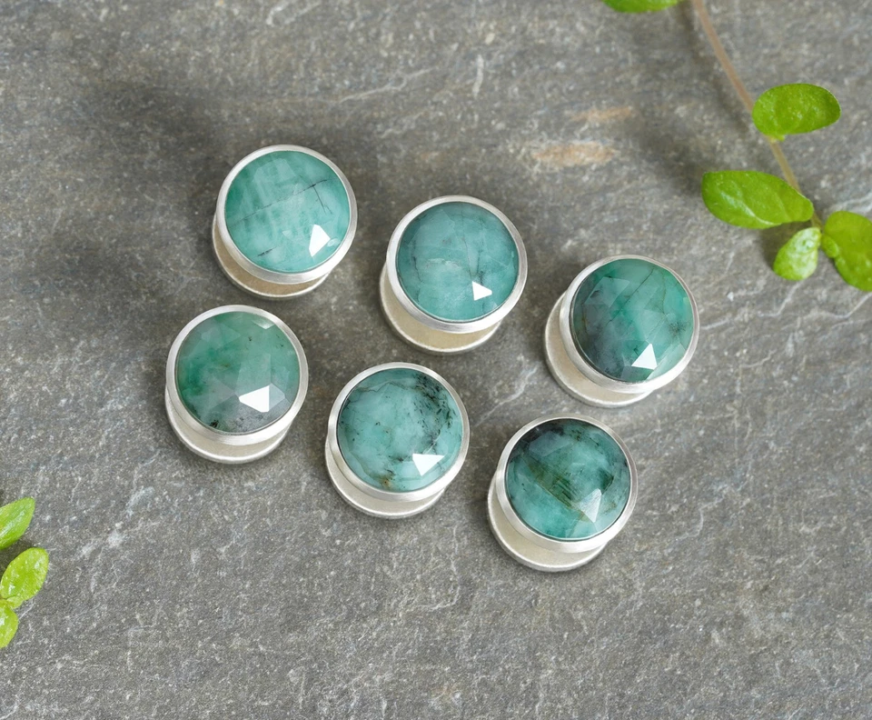 Camisa social prata esterlina esmeralda cravejada - Conjunto de 6, nova em folha - Imagem 1 de 3