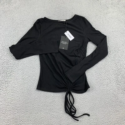 4-й Reckless женщин XS черный ребристый длинным рукавом Nero Топ собранными в Рюш стороне галстук новый - Изображение 1 из 4