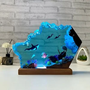 Killer Whale Resin Lamp Orca and Turtle Epoxy Resin Wooden Birthday Gift - Picture 1 of 12