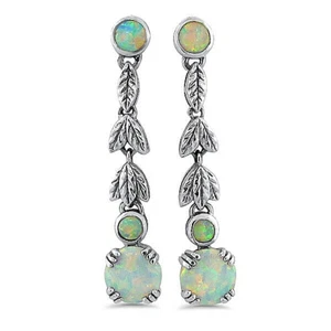 ANTIQUE STYLE DANGLE EARRINGS 925 STERLING SILVER LAB-CREATED OPAL 665X - Picture 1 of 2