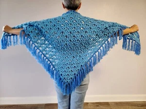 Vintage handmade boho fringe blue poncho, triangle shawl - Picture 1 of 9