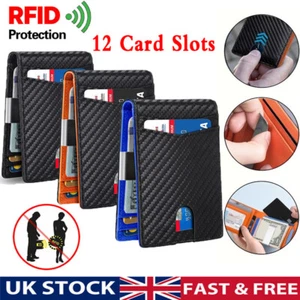Slim Wallet Money Clip Bifold Carbon Leather Wallet with ID Window 12 Card Slots - Picture 1 of 18