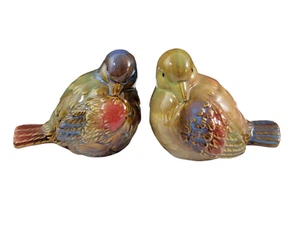 Set Of 2 Multicolor Glazed Stoneware Pottery Plump Bird Figurines - Picture 1 of 12