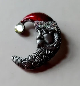 Pewter Jeweled Crescent Moon Santa Claus Christmas Pin Brooch 2" +Gift Bag - Picture 1 of 5