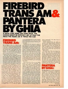 1973 FIREBIRD TRANS AM 455 & PANTERA BY GHIA 351 ~ ORIGINAL 5-PAGE ARTICLE / AD - Foto 1 di 1
