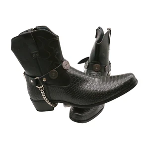 Biker Men Western Boot Silver Chains Faux Leather Straps Shotgun Shell Charms - Picture 1 of 22