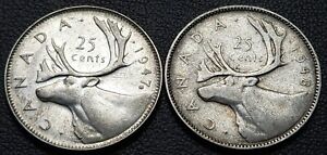 1947 Maple Leaf & 1948 Canada Silver 25-Cent Quarters