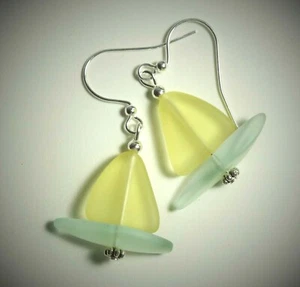 SAILBOAT sea glass nautical jewelry Yellow sail PALE AQUA GREEN hull earrings - Picture 1 of 1