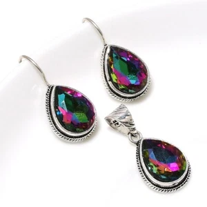 Mystic Quartz 925 Silver Plated Handmade Pendant & Earrings Set of 25" - Picture 1 of 3