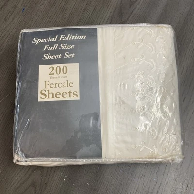Full Size Beige 4 Pc Percale Sheet Set 200 Count With Eyelet Trim - Image 1 of 4