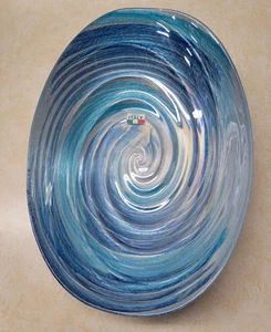 Italian Glass Cobalt Blue Turquoise Silver Shell Swirl Ribbed Bowl 12.5"x8.5" - Picture 1 of 9