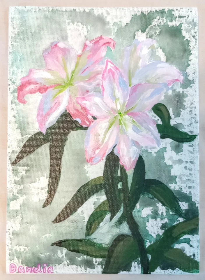Pintura ramo lilly rosa pintada a mano 5x7 en lienzo por Dandie  Foto 1 de 1