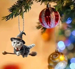 2D Acrylic Magic Flying Witch Cat Hanging Ornament Pendant Halloween Goth Auto - Picture 1 of 6