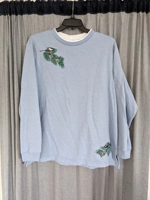 Blair Sweater Women's 2XL Blue Crewneck Chickadee Birds Embroidered Grandmacore - Image 1 of 4