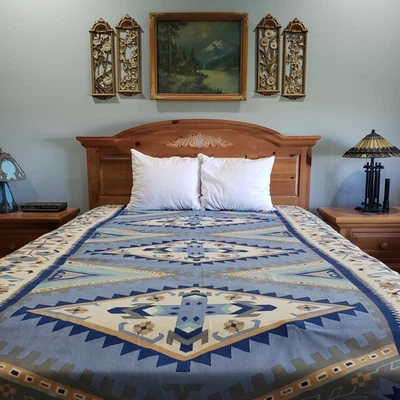 Vtg JCPenney Twin Bedspread 75x104 Blue Southwest Aztec Geometric Boho Western - Image 1 of 4