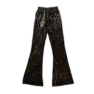 UOIGHF Sequin Pants Womens M Medium Black High Waisted Sparkle Bell Bottom Flare - Picture 1 of 11