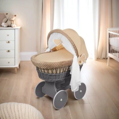 Cesto Mosè in vimini grigio su ruote + set lenzuola fossette beige - culla - Immagine 1 di 4