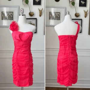 Vintage Y2K Byline A Byer One Shoulder Ruched Electric Watermelon Cocktail Dress - Picture 1 of 9