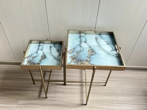 Set 2 Square Silver Gold Mirror Design Floral Marble Effect Side Removable Tray - Picture 1 of 2