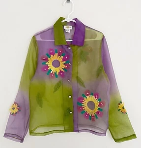 Top vintage in seta SANDY STARKMAN taglia M manica lunga con bottoni e applicazioni trasparente - Foto 1 di 8