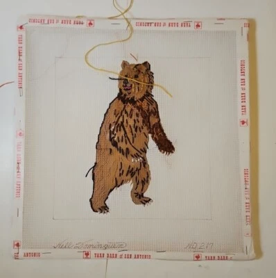 NELL DOMINGUEZ Handpainted Needlepoint Grizzly Bear Partially Finished ND#217  - Image 1 of 4
