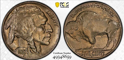 1937-D 5c Five Cent 3 Legged Buffalo PCGS GOLD SHIELD Genuine AU Details Scratch - Image 1 of 4