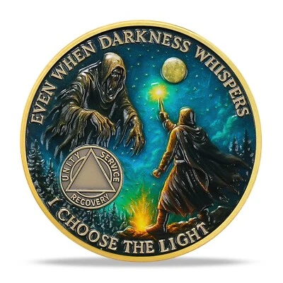 AA 1-65 Year Custom Sobriety Coin "Evil & Light" AA Chips & Medallion Sober Gift - Image 1 of 4