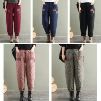 Pantalone donna etnico trapuntato imbottito check harem retrò caldo inverno vintage - Immagine 1 di 4