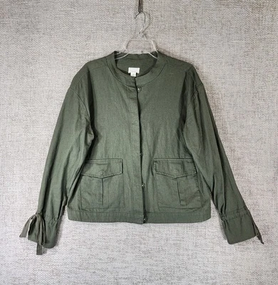 Caslon 亚麻混纺实用夹克女式 L 橄榄绿色领带袖 Lagenlook  — 第 1/4 张图片